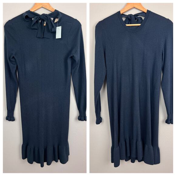 NWT LOFT Womens XSP Navy Wool Tie Neck Sweater Dress Coquette Preppy Holiday‎ - Picture 11 of 11
